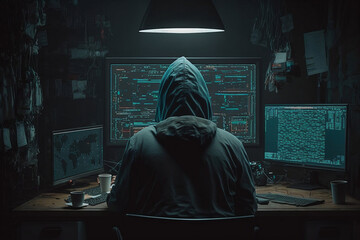 Hacker works in dark room, Hacker working in a dimly lit room, using computer monitors for criminal activities, Generative AI