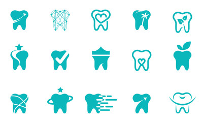 Tooth line icons, symbols and design elements. Tooth signs for stomatology, dentist and dental care clinics. Dental set design concept. Vector illustration