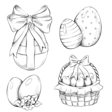  set of Easter Eggs. egg, bow and basket. monochrome illustration for spring festive day.