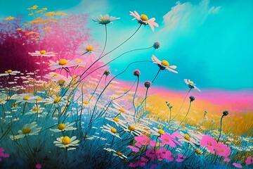 Obraz na płótnie Canvas Colourful Meadow With Flowers in Bloom – Generative AI