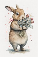 Illustrated watercolor bunny rabbit holding flowers with hearts around it, generative AI  finalized in Photoshop by me 