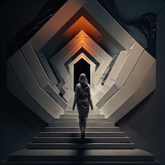 A business woman walking up the stairs towards career progression indicates light at the end of the tunnel and hope