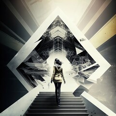 A business woman walking up the stairs towards career progression indicates light at the end of the tunnel and hope