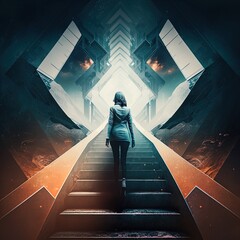 A business woman walking up the stairs towards career progression indicates light at the end of the tunnel and hope