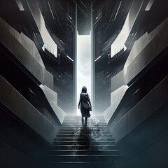 A business woman walking up the stairs towards career progression indicates light at the end of the tunnel and hope