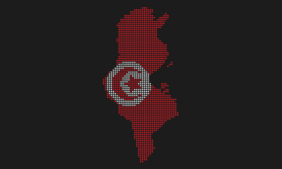 Tunisia dotted map flag with grunge texture in mosaic dot style. Abstract pixel vector illustration of a country map with halftone effect for infographic. 