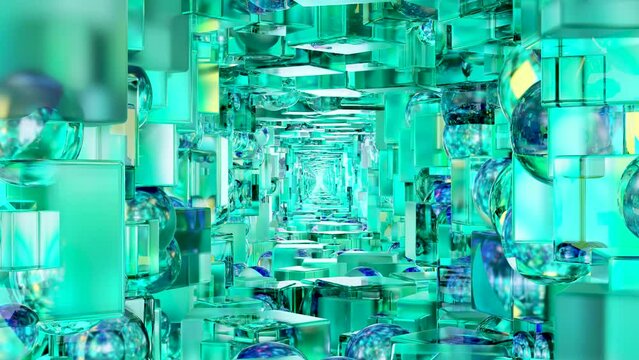 flying in futuristic cubic corridor, bright reflections. Cube structure. abstract Sci fi background, 3d render