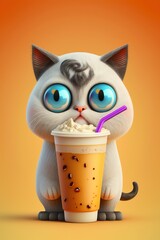 Cute cartoon kitten with colourful milkshake, Generative AI