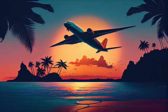 Plane Flying Over The Beach At Sunset. Generative AI, Generative, AI