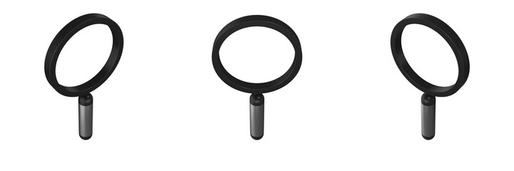 magnifying glass on transparent background, left, front and right view (3d render)