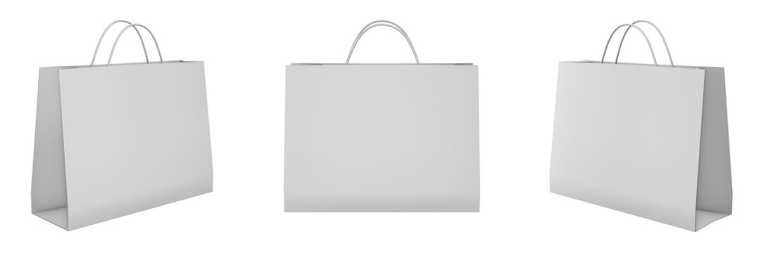 white shopping bag on transparent background, left, front and right view (3d render)