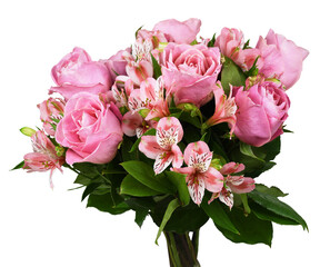 Bouquet of pink roses and alstroemeria flowers isolated on white or transparent background