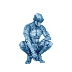 super hero in an exosuit is crouching and thinking about