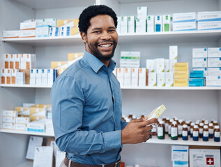 Pharmacy portrait, customer and man shopping for medicine, supplements product or drugs store pharmaceutical. Retail hospital shop, pills shelf and African client for medical healthcare choice