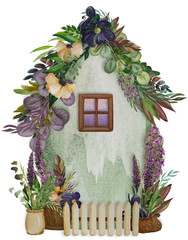 Fairytale watercolor house surrounded by flowers and plants