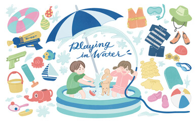 夏の水遊び・プールグッズセット　人物イラスト付き