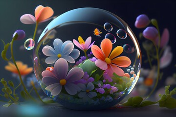 cute spring flowers Bubble Design, 3D. Wild flowers and bubbles, with a backdrop of trees and lake. generation AI 