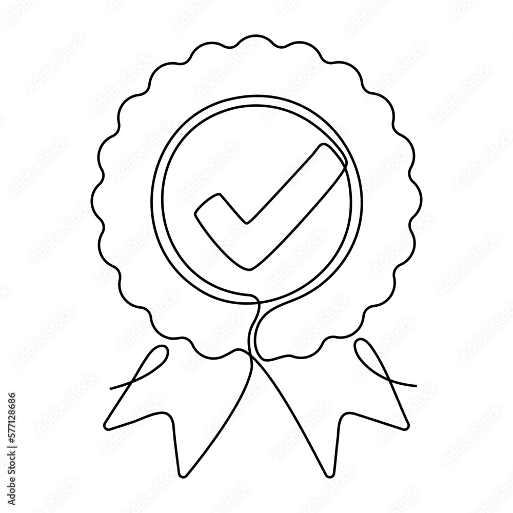 Poster award badge with checkmark continuous one line art drawing. approval check ribbon contour line sign.