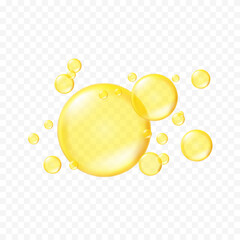 Golden, yellow oil drops, bubbles vector illustration on transparent background