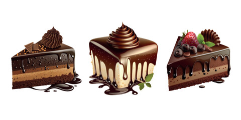 Chocolate cake isolated on white. Pieces of cakes on a transparent background for menu design or advertising poster. Vector illustration.	