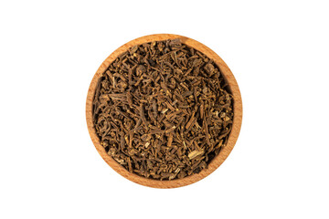 Valerian herb root in wooden bowl isolated on white background.Valeriana officinalis. used in...