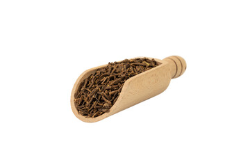 Valerian herb root  in wooden scoop isolated on white background. Valeriana officinalis. used in...