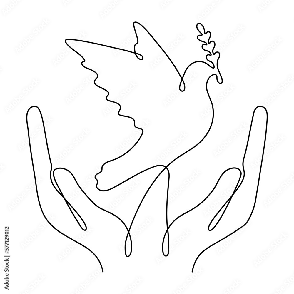 Poster continuous line drawing hands with flying dove with olive branch. peace bird linear symbol. vector i