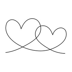 Two hearts continuous line art drawing. Double heart wavy line. Vector illustration isolated on white.	