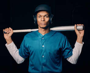 Sports, baseball and portrait of man with bat on black background ready for game, practice and...