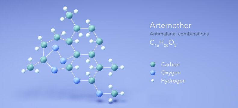 artemether molecule, molecular structures, antimalarial combinations, 3d model, Structural Chemical Formula and Atoms with Color Coding
