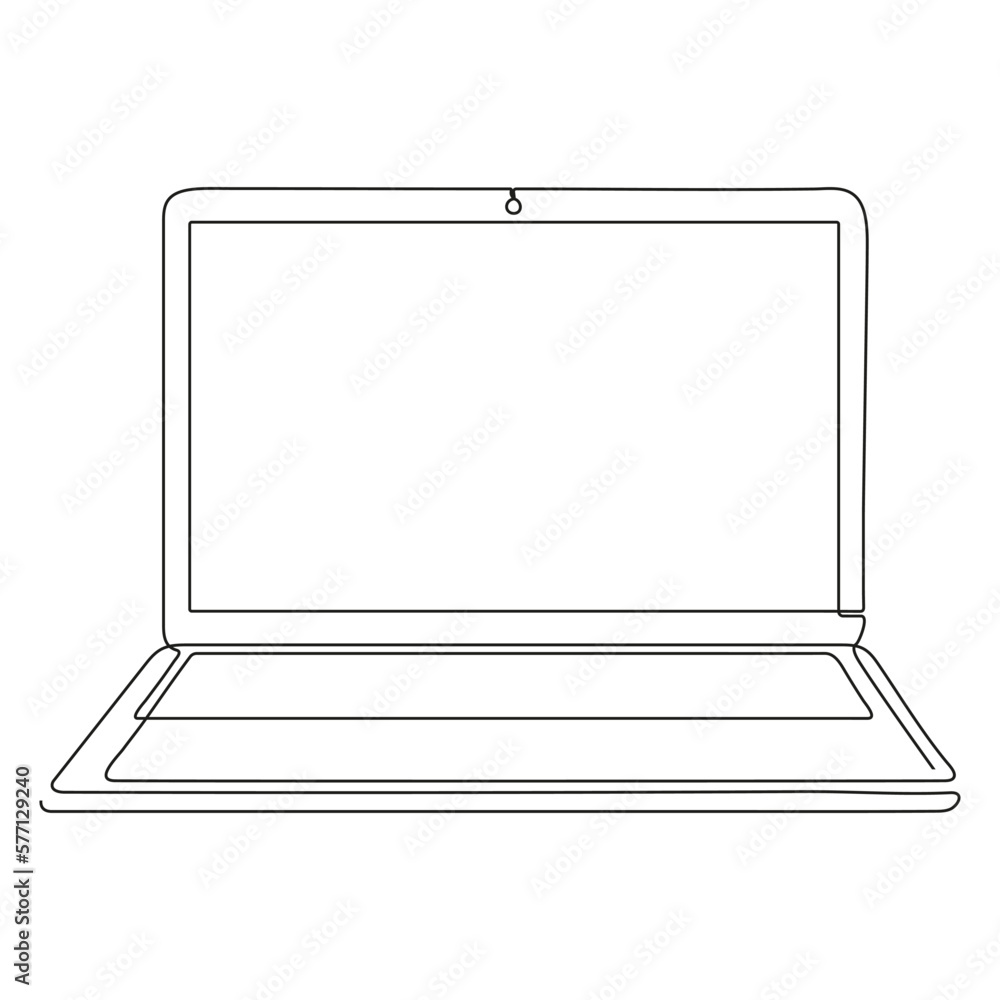 Poster laptop continuous line drawing. open computer linear gadget. vector illustration isolated on white.