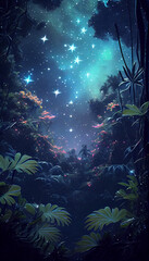 Fototapeta na wymiar Star - filled cosmic lush verdant jungle full of stars with exotic bioluminescent flowers,the most beautiful image ever seen