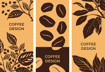 Set of flyers on the theme of coffee, coffee leaves, coffee grains, coffee colors. Flyer, card, banner design.