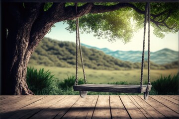 Wooden swing hanging on the tree with nature background