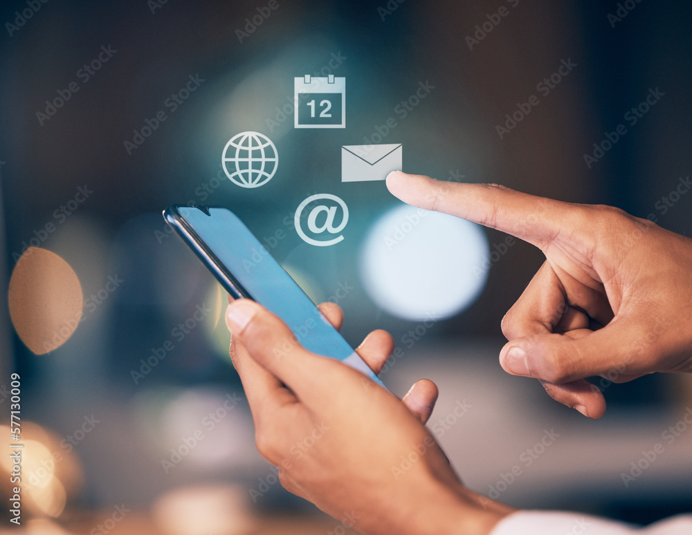 Poster hands, phone and screen with icons at night for networking, social media or communication at the off