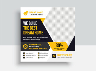Construction renovation Handyman home repair flyer social media post and web banner template