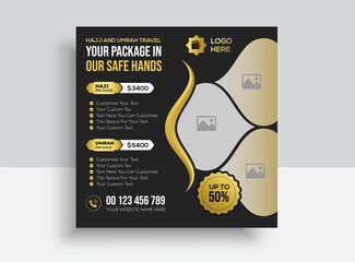 Social media post travel hajj and umrah,
Hajj and umrah promotion Premium Vector,
Islamic poster social media template.