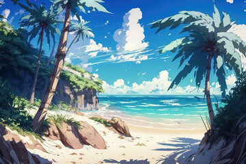 Beautiful beach with palm trees. Digital art. Illustration painting. Blue sea with big sky. Big shore. Generative AI.