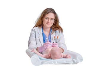 The doctor uses a syringe to inject a newborn child, isolated on a white background. A nurse in uniform is preparing to vaccinate a child. Kid aged two months
