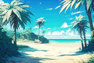 Fototapeta na wymiar Beautiful beach with palm trees. Digital art. Illustration painting. Blue sea with big sky. Big shore. Generative AI.