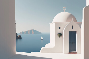 Minimal Blue and White Greek Island Mediterranean Landscape Generative AI - obrazy, fototapety, plakaty