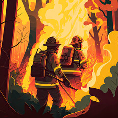Firefighters battling climate change - Illustrations of firefighting and global warming - ai generative