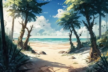 Fototapeta na wymiar Beautiful beach with palm trees. Digital art. Illustration painting. Blue sea. Generative AI.