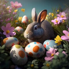 easter bunny with easter eggs created with IA generative