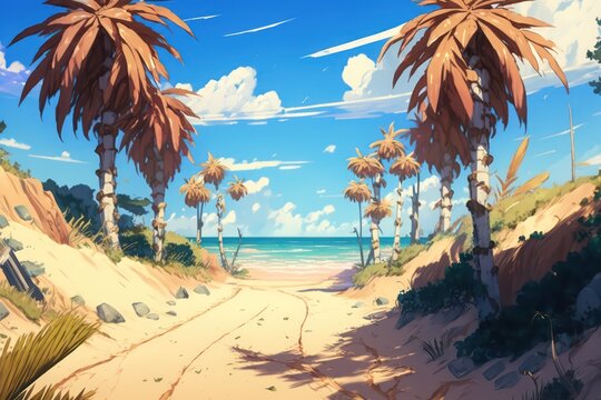 Beautiful beach with palm trees. Digital art. Illustration painting. Generative AI.