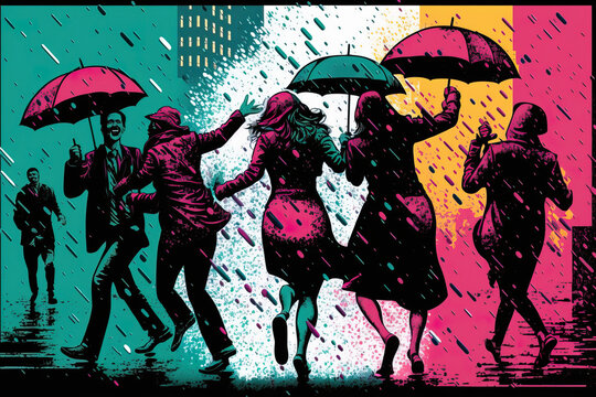 People Dancing In The Rain In Pop Art Style  Generative AI