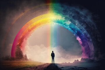 person standing in front of a rainbow, representing hope and the possibility (AI Generated)