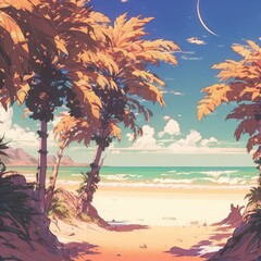 Beautiful beach with coconut trees. Generative AI.