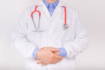 Doctor wear white lab coat and red stethoscop. Cardiology healthcare, healthy heart protection, cardiac diseases concept