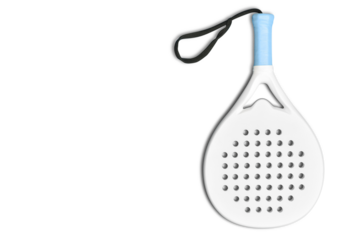 White professional paddle tennis racket on white background. Horizontal sport theme poster, greeting cards, headers, website and app